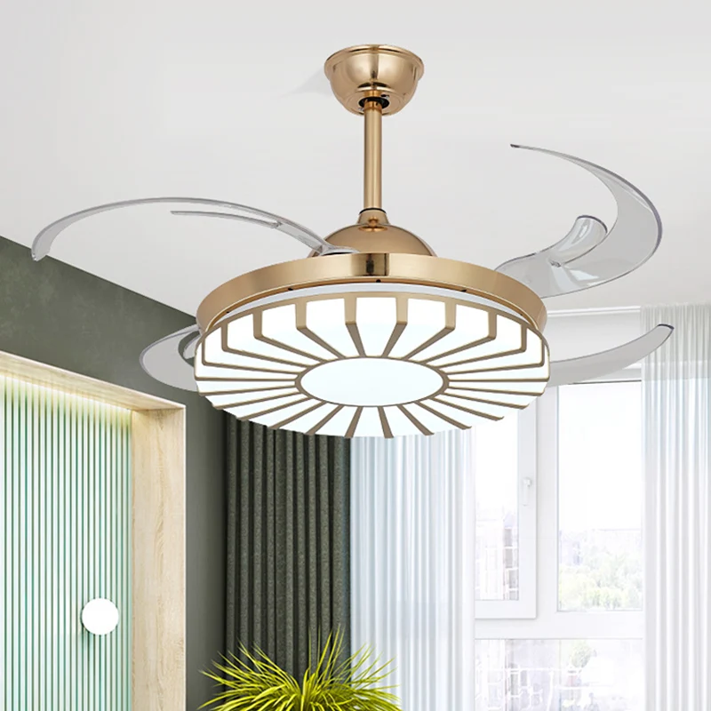 Gouden LED-plafondventilator Licht eenvoud acryl rond 4 heldere bladen semi-inbouwverlichting voor restaurant, 42" breed C...