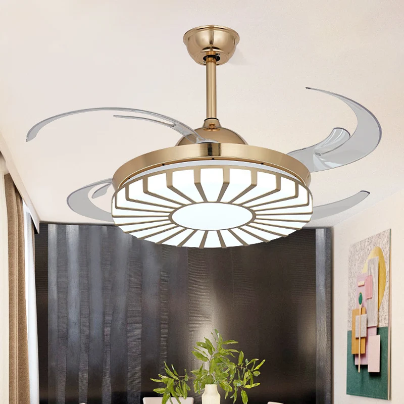 Gouden LED-plafondventilator Licht eenvoud acryl rond 4 heldere bladen semi-inbouwverlichting voor restaurant, 42" breed C...
