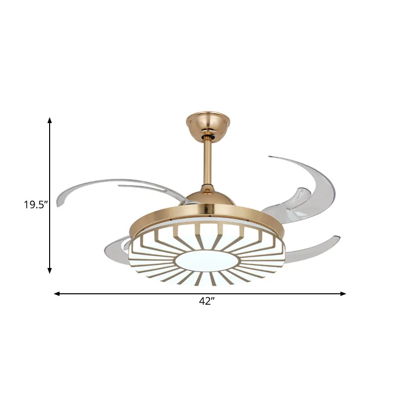 Gouden LED-plafondventilator Licht eenvoud acryl rond 4 heldere bladen semi-inbouwverlichting voor restaurant, 42" breed C...