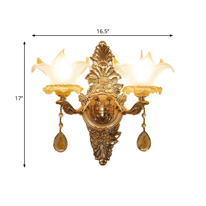 Gouden Lily Shade wandlamp, traditionele geribbelde glazen woonkamerwandlamp met 1/2 lamp Clearhalo