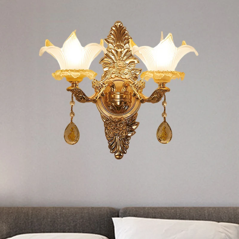 Gouden Lily Shade wandlamp, traditionele geribbelde glazen woonkamerwandlamp met 1/2 lamp Clearhalo