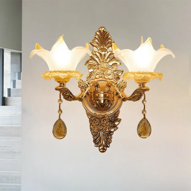 Gouden Lily Shade wandlamp, traditionele geribbelde glazen woonkamerwandlamp met 1/2 lamp Clearhalo