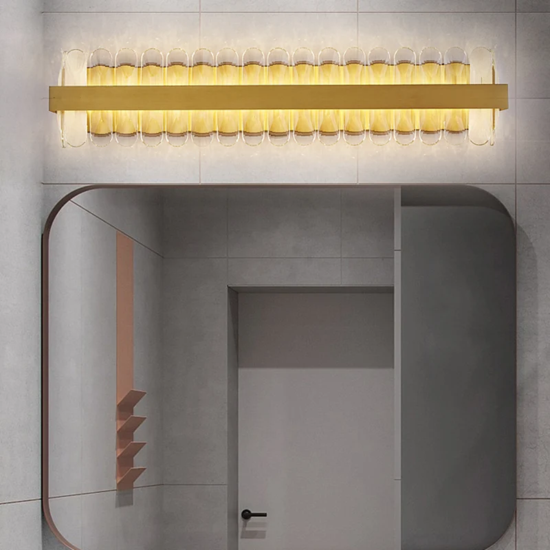 Gouden lineaire wandverlichting idee eigentijds helder ovaal geslepen kristallen LED badkamer wandkandelaar Clearhalo