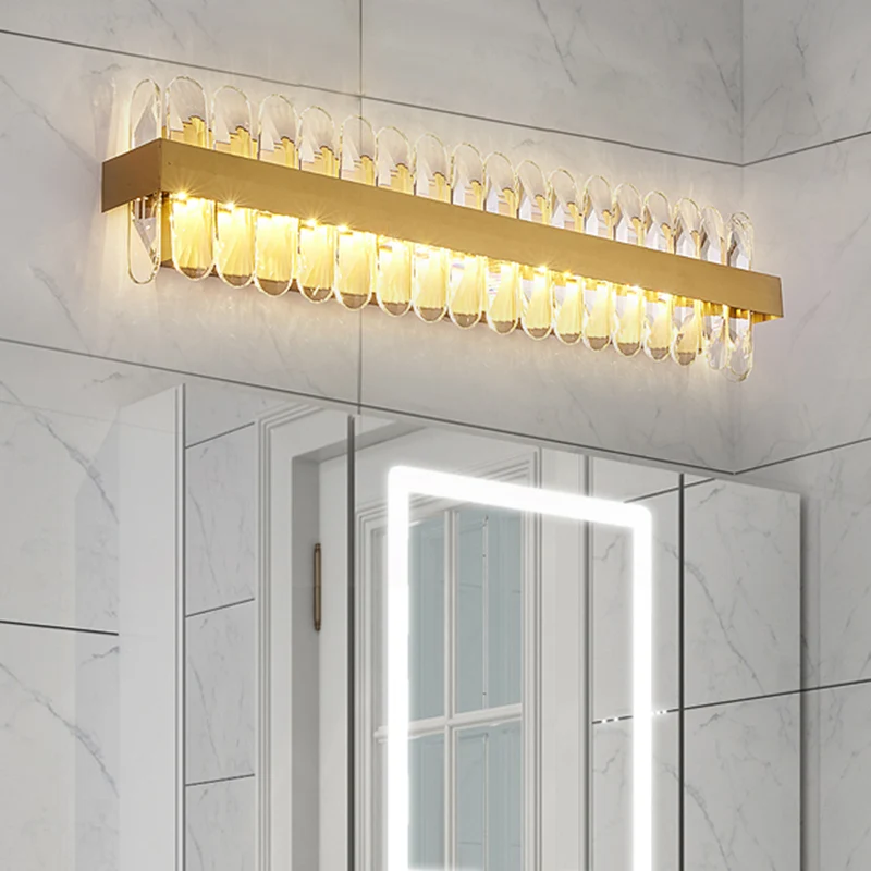 Gouden lineaire wandverlichting idee eigentijds helder ovaal geslepen kristallen LED badkamer wandkandelaar Clearhalo