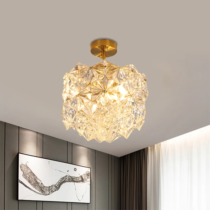 Gouden luifel 3 lampen semi-inbouwlicht hedendaagse zeshoekige kristallen bol plafondmontage Clearhalo