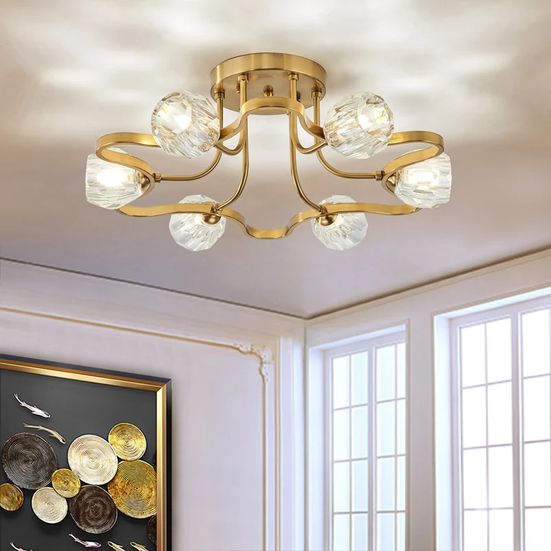 Gouden metalen semi-inbouwverlichting Vintage Dome 3/6-lichts semi-inbouwlamp met heldere kristallen kap Clearhalo