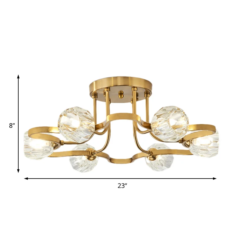 Gouden metalen semi-inbouwverlichting Vintage Dome 3/6-lichts semi-inbouwlamp met heldere kristallen kap Clearhalo