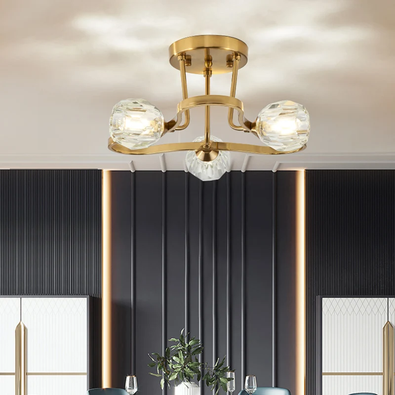 Gouden metalen semi-inbouwverlichting Vintage Dome 3/6-lichts semi-inbouwlamp met heldere kristallen kap Clearhalo