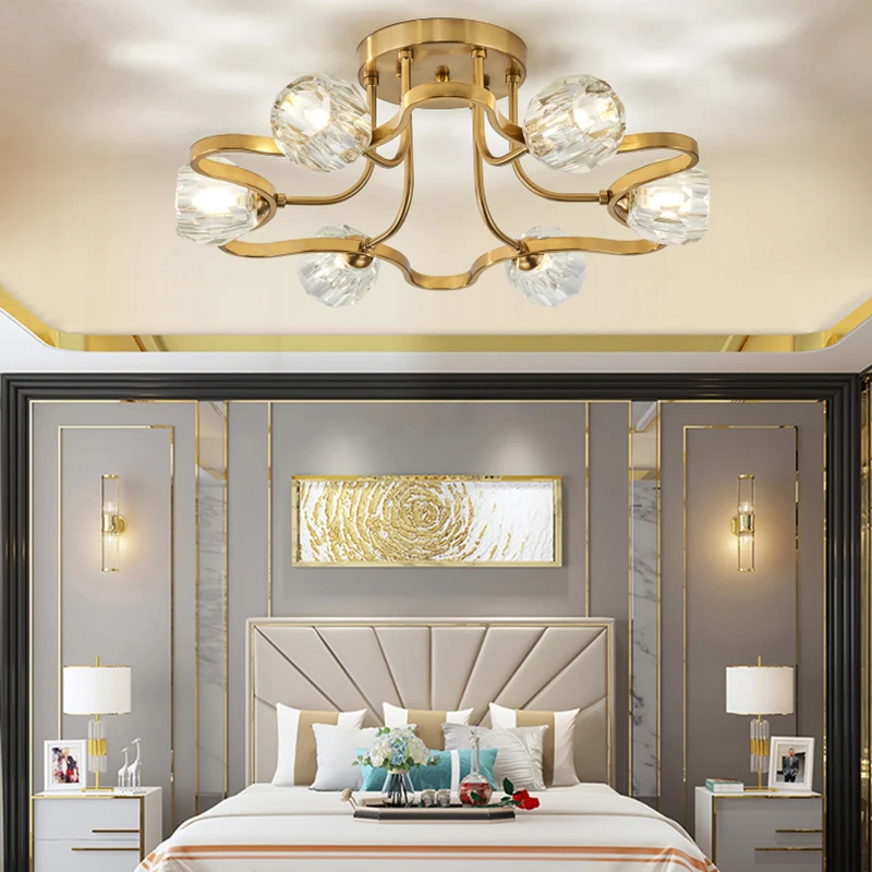 Gouden metalen semi-inbouwverlichting Vintage Dome 3/6-lichts semi-inbouwlamp met heldere kristallen kap Clearhalo