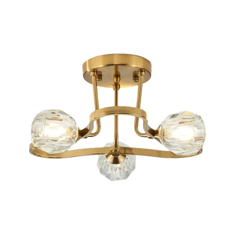 Gouden metalen semi-inbouwverlichting Vintage Dome 3/6-lichts semi-inbouwlamp met heldere kristallen kap Clearhalo