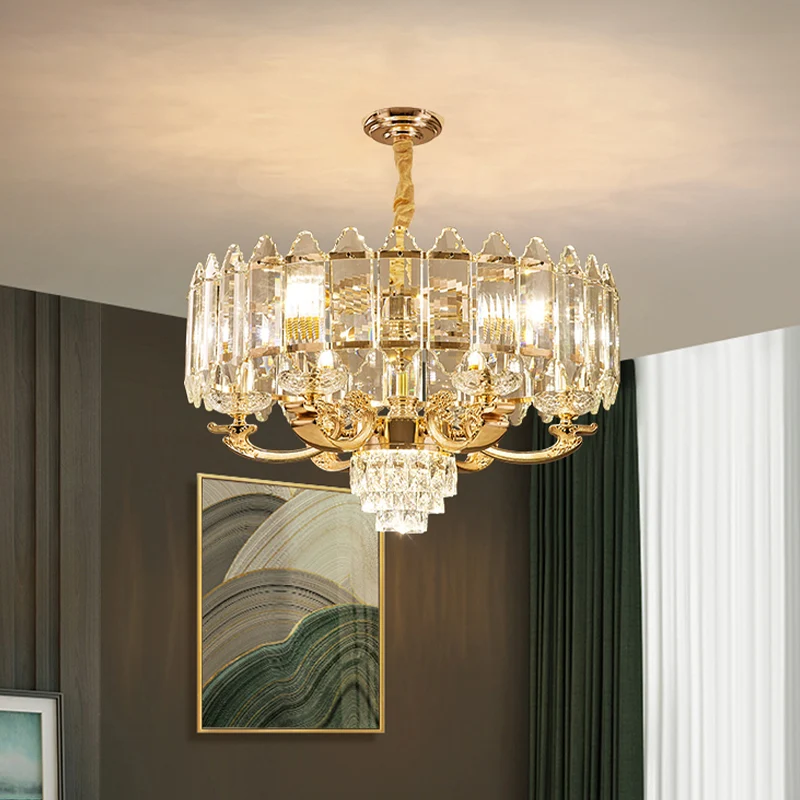 Gouden paneel hanglamp modern K9 kristal 10 lampen woonkamer kroonluchter Clearhalo