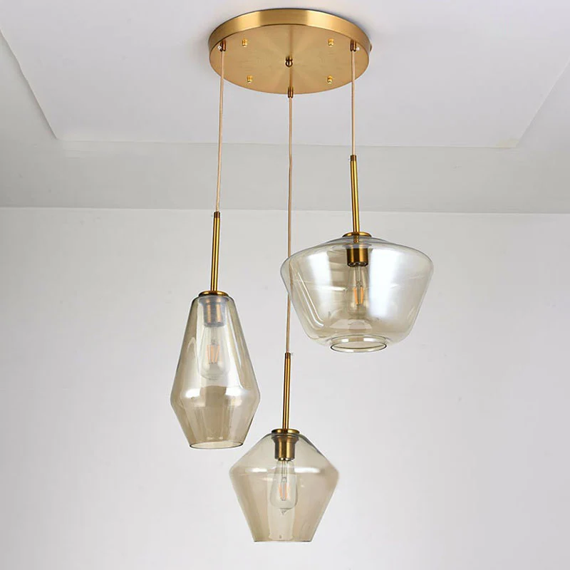 Gouden ruitvormige postmoderne postmoderne hangende plafondlamp met 3 lampen van geblazen glas Clearhalo