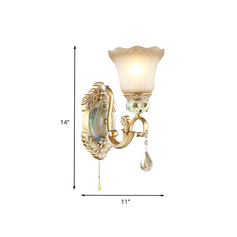 Gouden Scallop Wandlamp Vintage Wit Glas 1/2 Lichten Woonkamer Schanslamp met Gouden Arm en Achterplaat Clearhalo