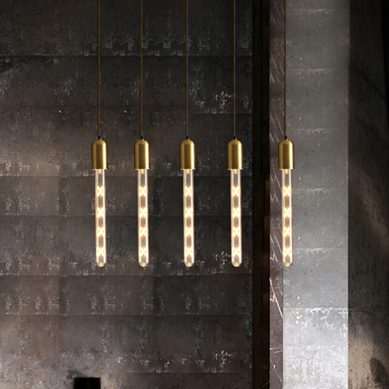 Gouden slanke buis drop hanger postmoderne 1-lamp helder glazen hanglamp boven eettafel Clearhalo