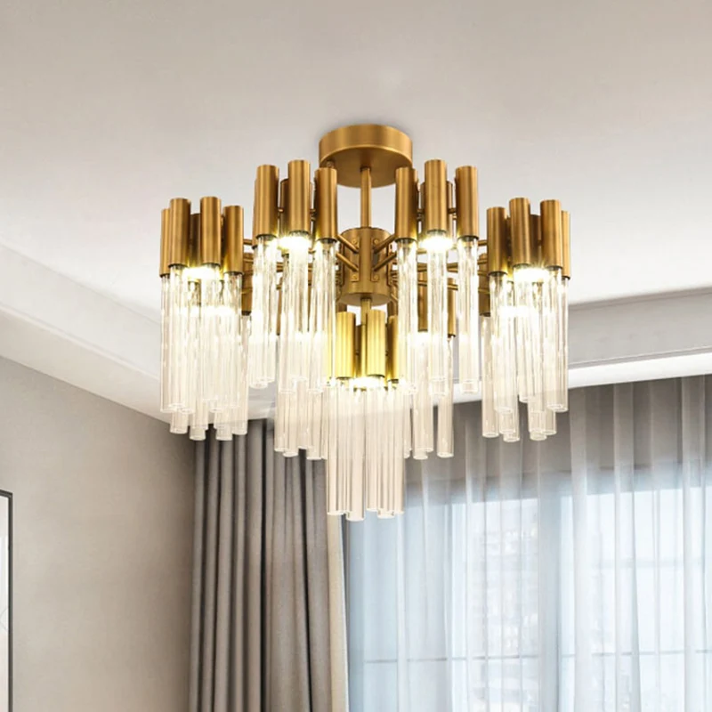Gouden Sputnik semi-inbouwlamp postmodern 7-kops gecanneleerd kristallen plafondlamparmatuur Clearhalo