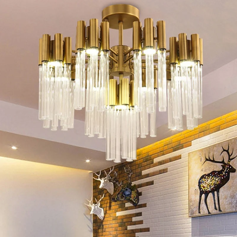 Gouden Sputnik semi-inbouwlamp postmodern 7-kops gecanneleerd kristallen plafondlamparmatuur Clearhalo