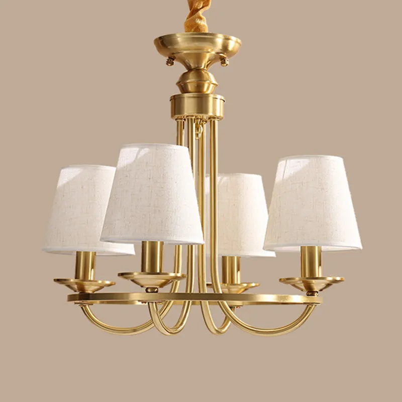 Gouden Swooping Arm Kroonluchter Koloniaal Metaal 4/8/10 Hoofden Woonkamer Drop Lamp met Kegel Stoffen Schaduw Clearhalo