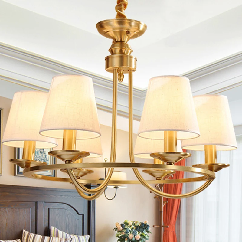 Gouden Swooping Arm Kroonluchter Koloniaal Metaal 4/8/10 Hoofden Woonkamer Drop Lamp met Kegel Stoffen Schaduw Clearhalo