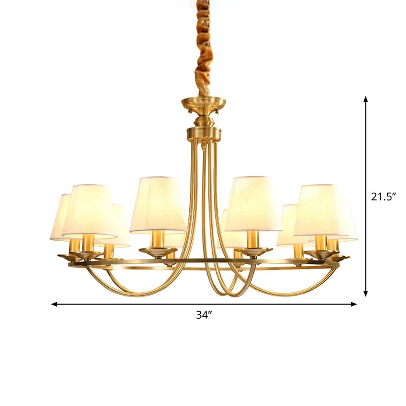 Gouden Swooping Arm Kroonluchter Koloniaal Metaal 4/8/10 Hoofden Woonkamer Drop Lamp met Kegel Stoffen Schaduw Clearhalo