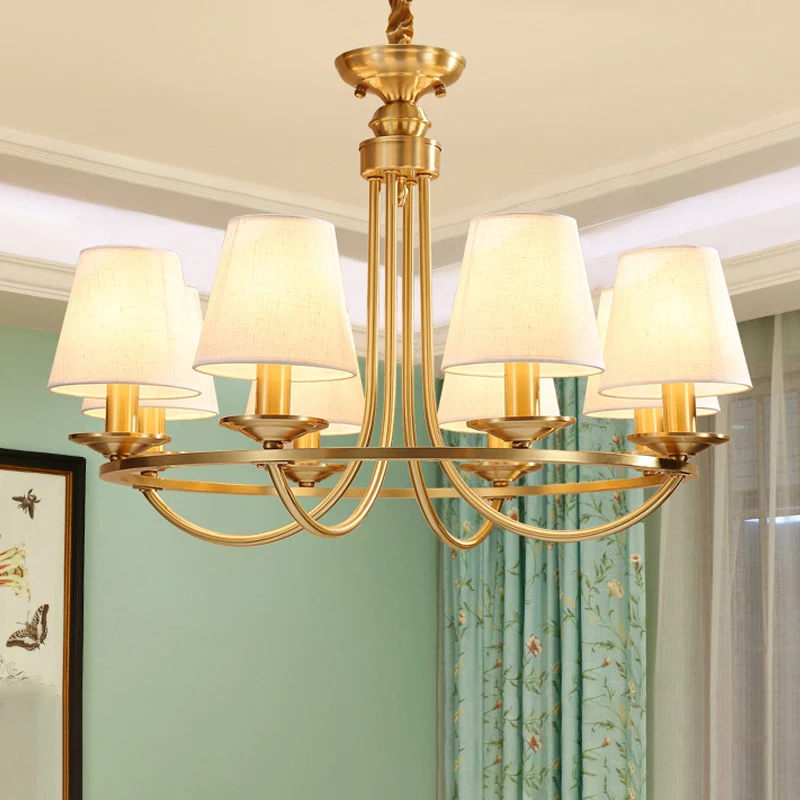 Gouden Swooping Arm Kroonluchter Koloniaal Metaal 4/8/10 Hoofden Woonkamer Drop Lamp met Kegel Stoffen Schaduw Clearhalo