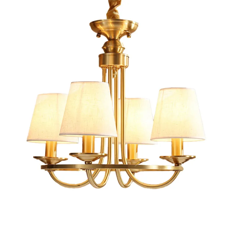 Gouden Swooping Arm Kroonluchter Koloniaal Metaal 4/8/10 Hoofden Woonkamer Drop Lamp met Kegel Stoffen Schaduw Clearhalo
