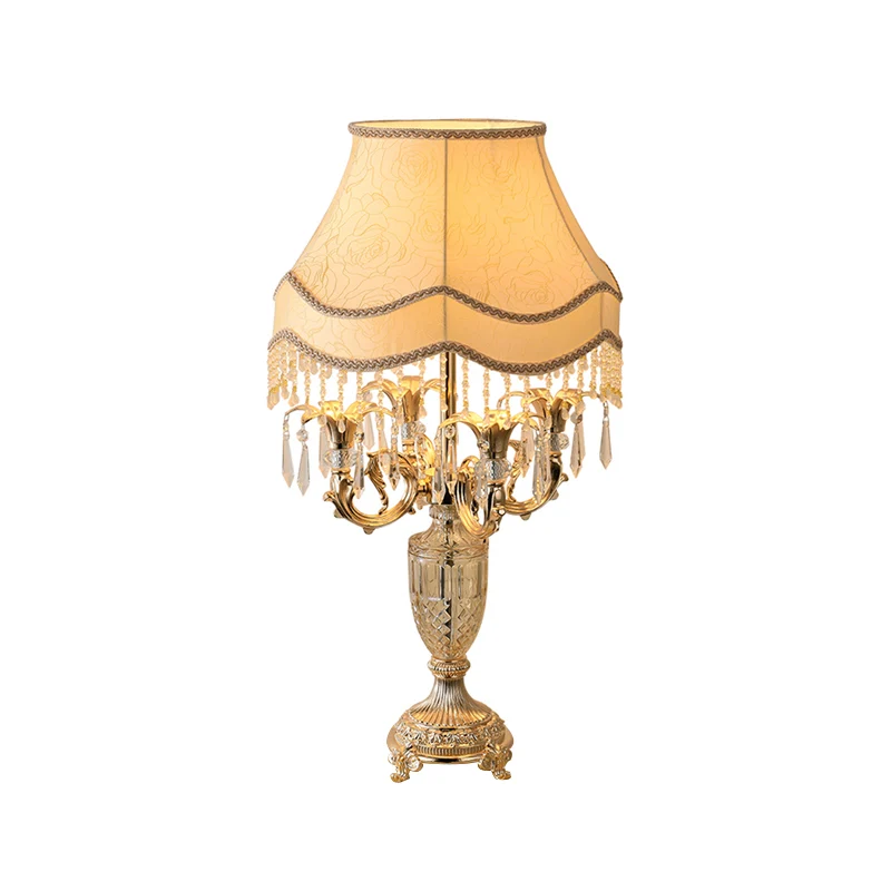 Gouden tafellamp met enkele schaduw, traditionele metalen bloem Bobeche nachtlamp met kristallen speren Clearhalo