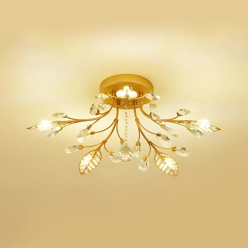 Gouden tak plafondarmatuur modernistische 5/8 lampen gefacetteerde kristallen semi-inbouwverlichting Clearhalo