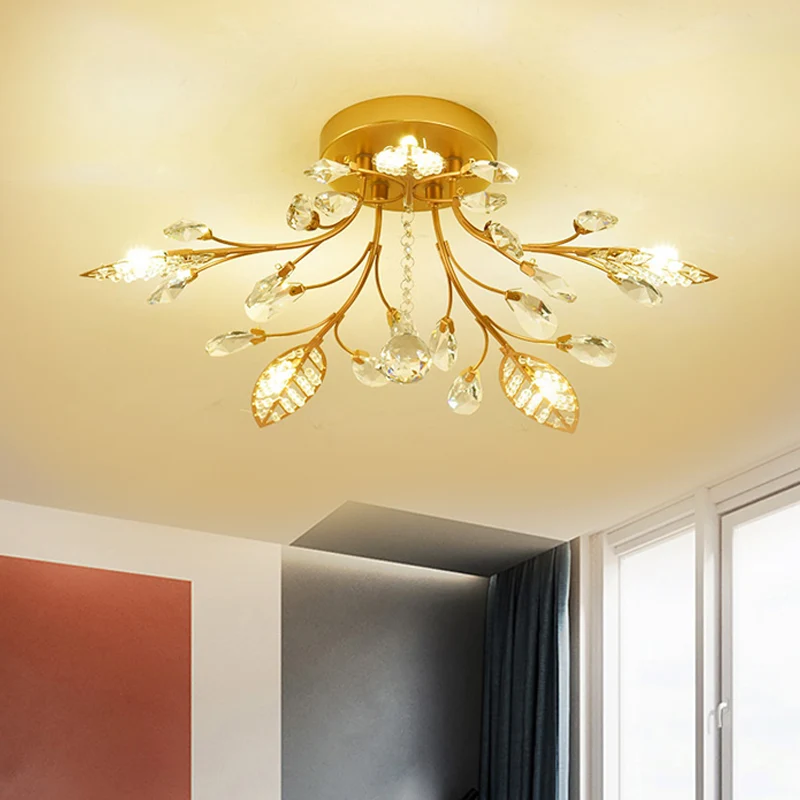 Gouden tak plafondarmatuur modernistische 5/8 lampen gefacetteerde kristallen semi-inbouwverlichting Clearhalo