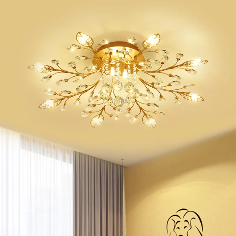 Gouden tak plafondarmatuur modernistische 5/8 lampen gefacetteerde kristallen semi-inbouwverlichting Clearhalo