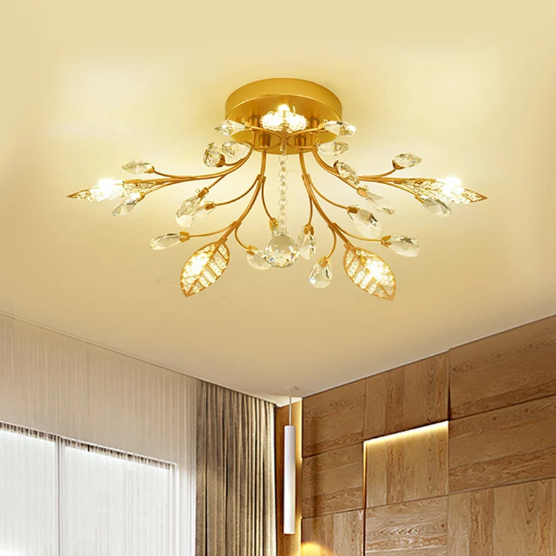 Gouden tak plafondarmatuur modernistische 5/8 lampen gefacetteerde kristallen semi-inbouwverlichting Clearhalo