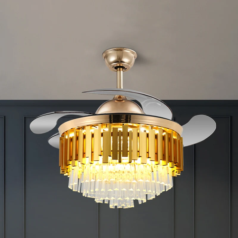 Gouden taps toelopende drum semi-inbouw moderne kristallen woonkamer 40 "brede LED-plafondventilator met 4 intrekbare blad...