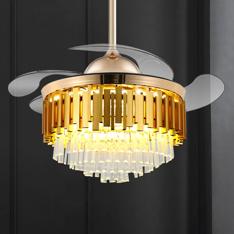 Gouden taps toelopende drum semi-inbouw moderne kristallen woonkamer 40 "brede LED-plafondventilator met 4 intrekbare blad...