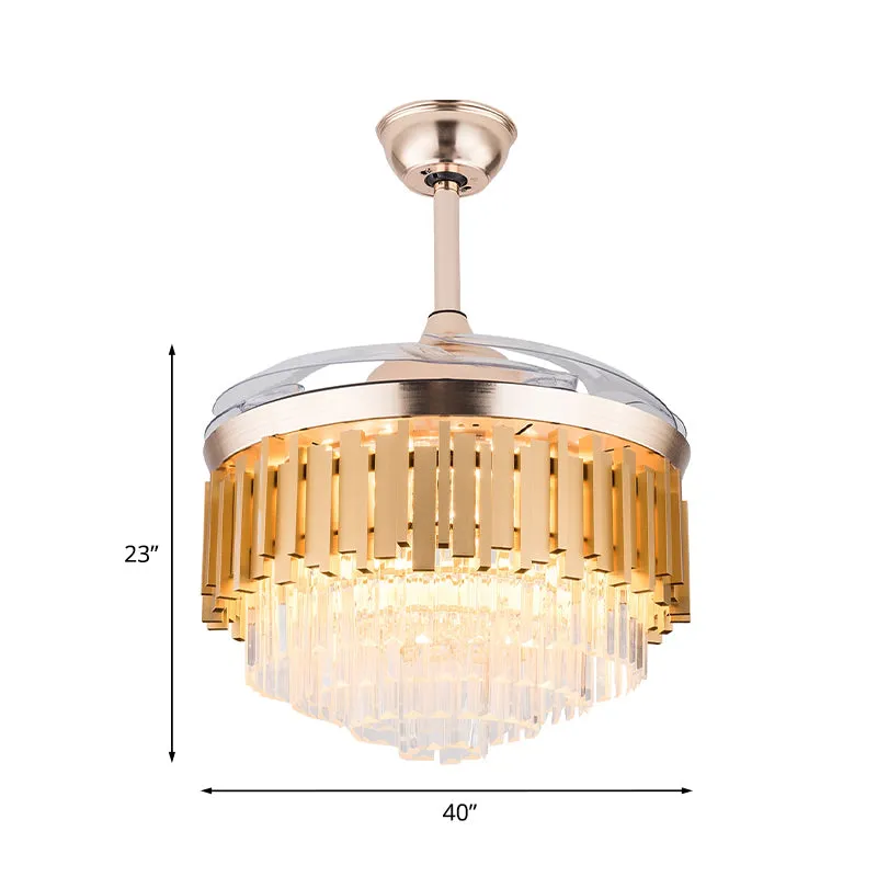 Gouden taps toelopende drum semi-inbouw moderne kristallen woonkamer 40 "brede LED-plafondventilator met 4 intrekbare blad...