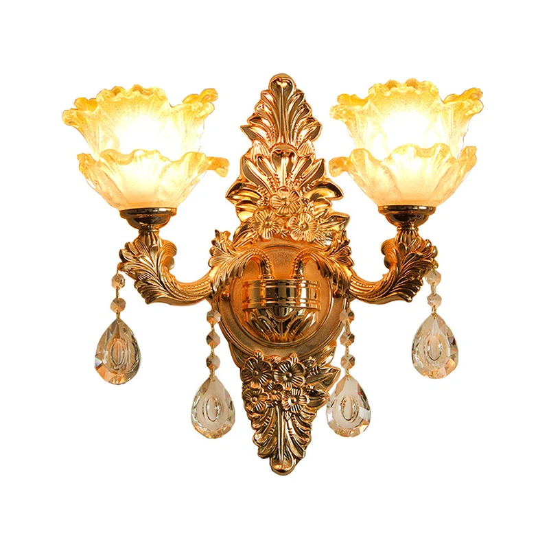 Gouden wandlamp vintage matglas ruche bloem wandgemonteerde lamp met hangend kristal Clearhalo