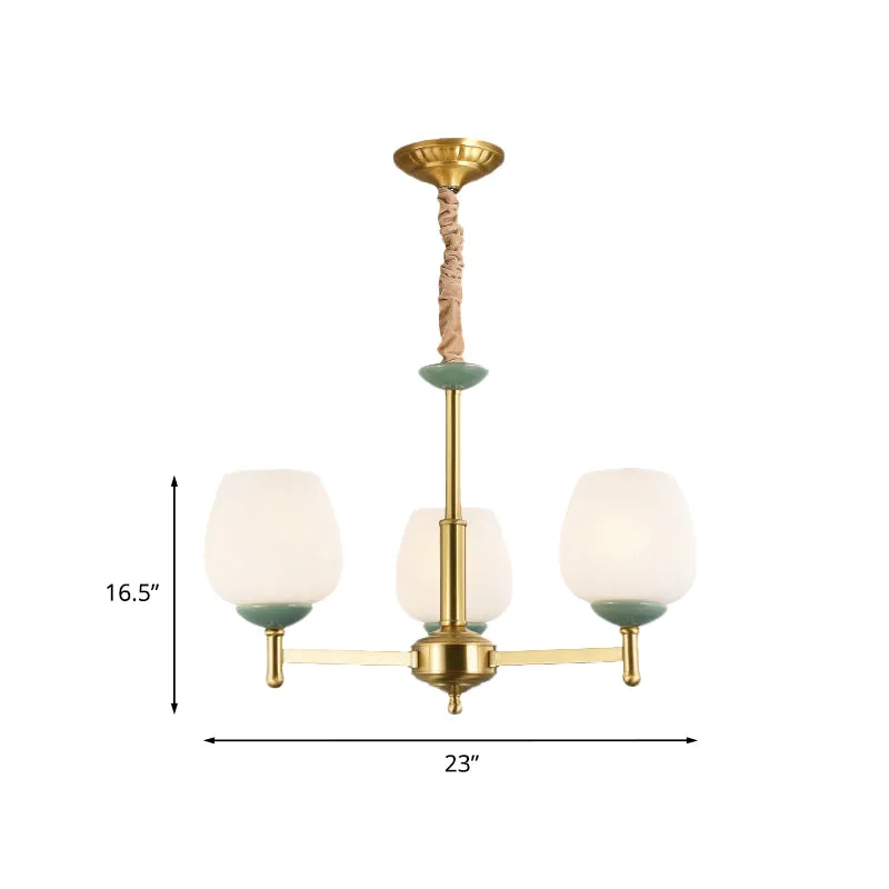 Goudkleurige hanglamp met 3 koppen, traditionele witte glazen tulpkroonluchter-hanglamp Clearhalo