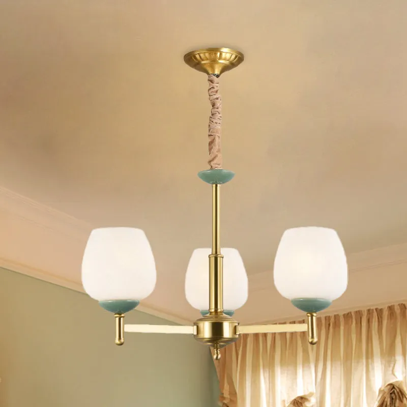 Goudkleurige hanglamp met 3 koppen, traditionele witte glazen tulpkroonluchter-hanglamp Clearhalo