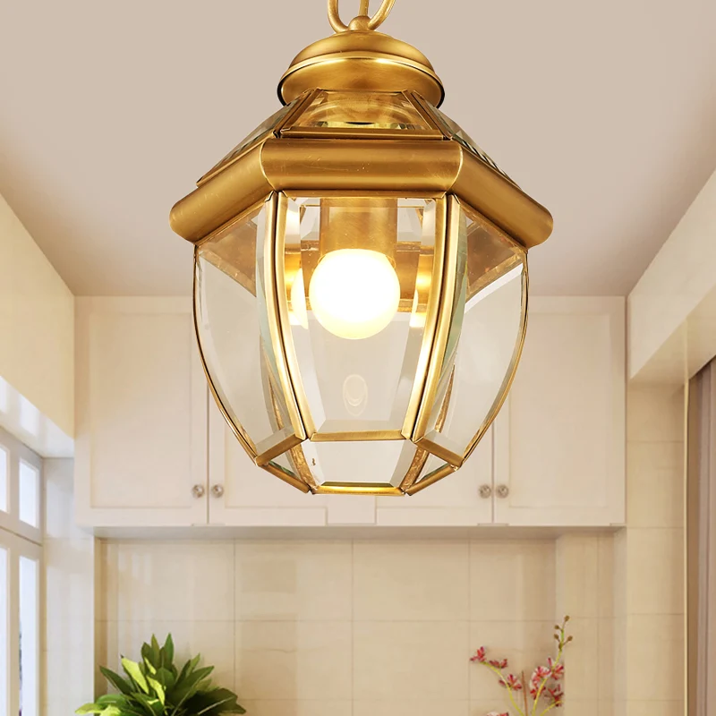 Goudkleurige plafondlamp met enkele lamp, antiek helder glas, lantaarn met neerwaartse verlichting, hanger voor gang Clear...