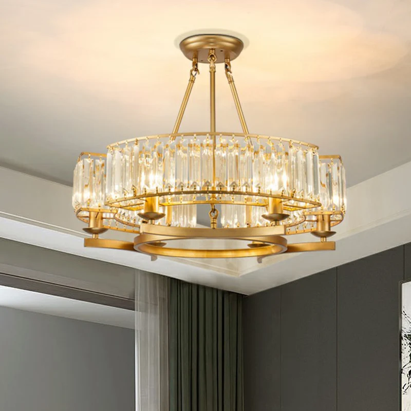 Goudkleurige ronde kroonluchter Minimalistische kristallen blokplafondhanglamp voor woonkamer Clearhalo
