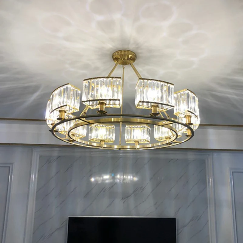 Goudkleurige ronde kroonluchter Minimalistische kristallen blokplafondhanglamp voor woonkamer Clearhalo
