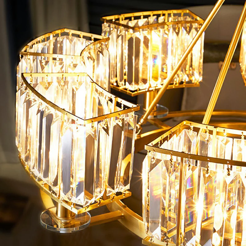 Goudkleurige ronde kroonluchter Minimalistische kristallen blokplafondhanglamp voor woonkamer Clearhalo