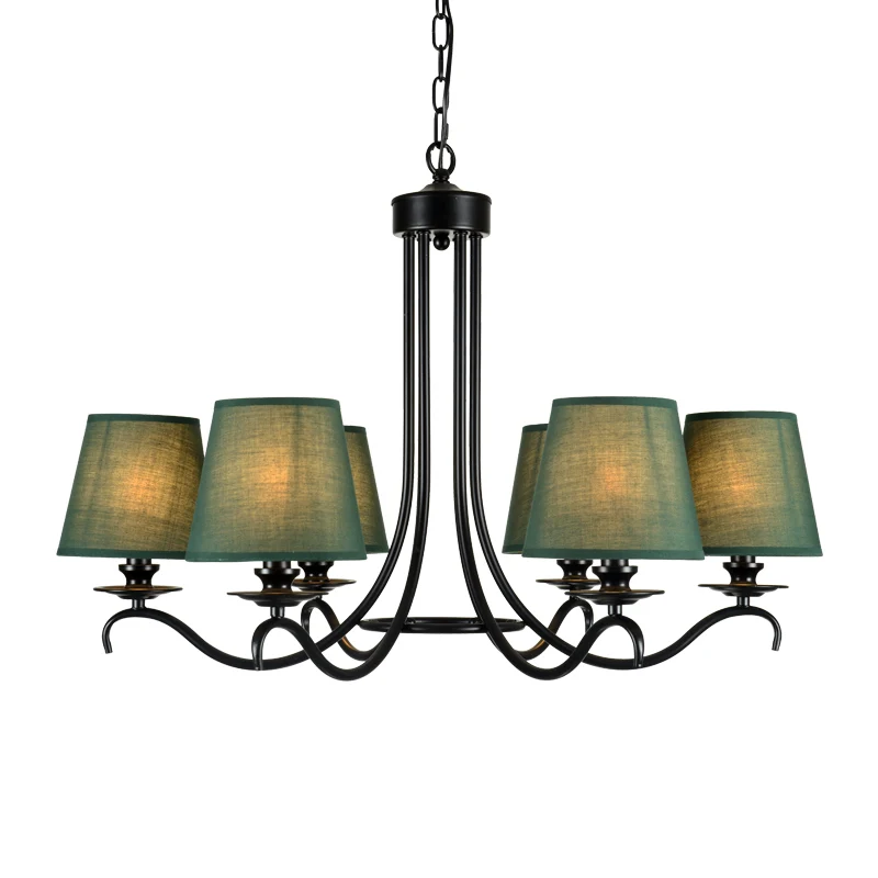 Groen taps toelopende kroonluchter verlichtingsarmatuur rustieke stof 6-lichts hanglampset voor eetkamer Clearhalo