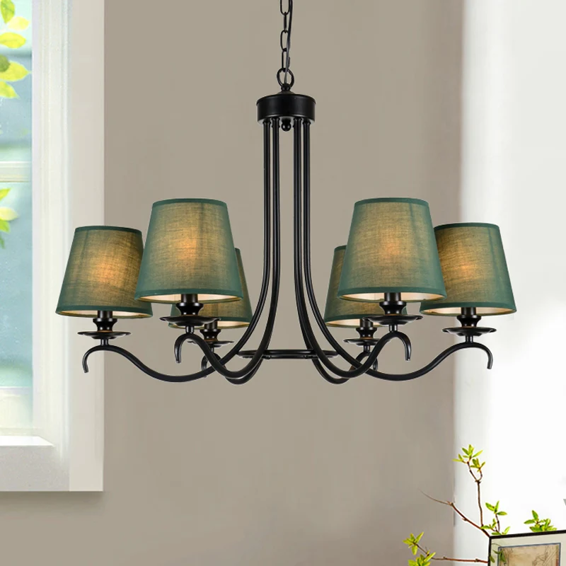 Groen taps toelopende kroonluchter verlichtingsarmatuur rustieke stof 6-lichts hanglampset voor eetkamer Clearhalo