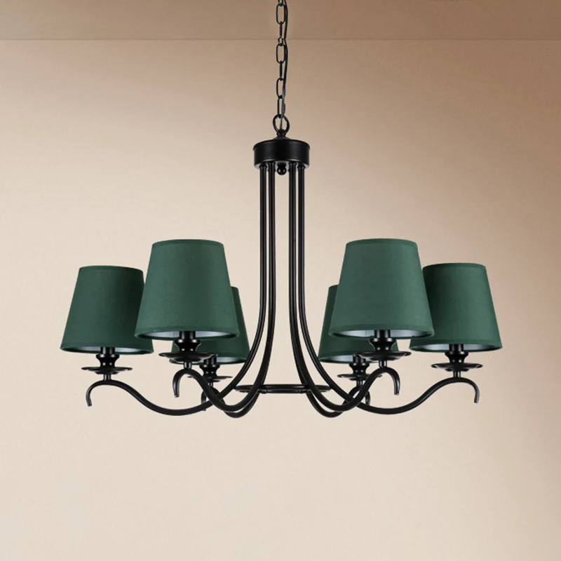 Groen taps toelopende kroonluchter verlichtingsarmatuur rustieke stof 6-lichts hanglampset voor eetkamer Clearhalo
