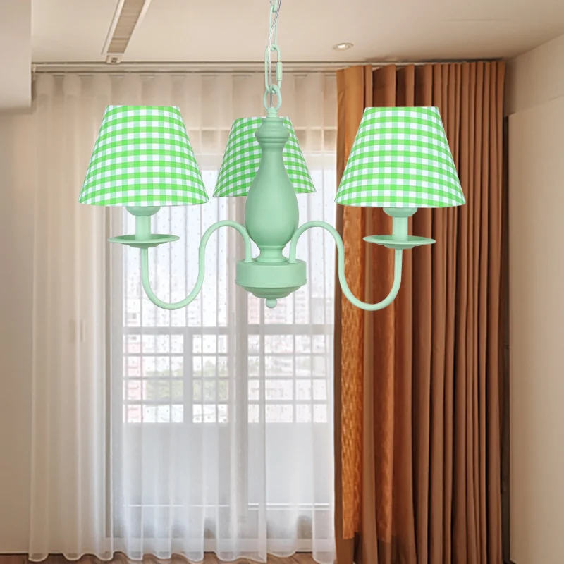 Groene geruite schaduw kroonluchter drie lampen moderne metalen hanglamp voor kinderen voor slaapkamer Clearhalo