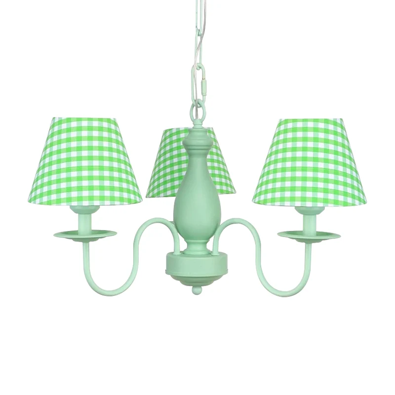 Groene geruite schaduw kroonluchter drie lampen moderne metalen hanglamp voor kinderen voor slaapkamer Clearhalo