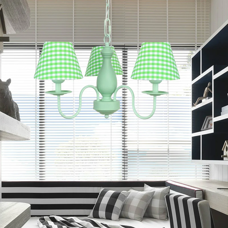 Groene geruite schaduw kroonluchter drie lampen moderne metalen hanglamp voor kinderen voor slaapkamer Clearhalo