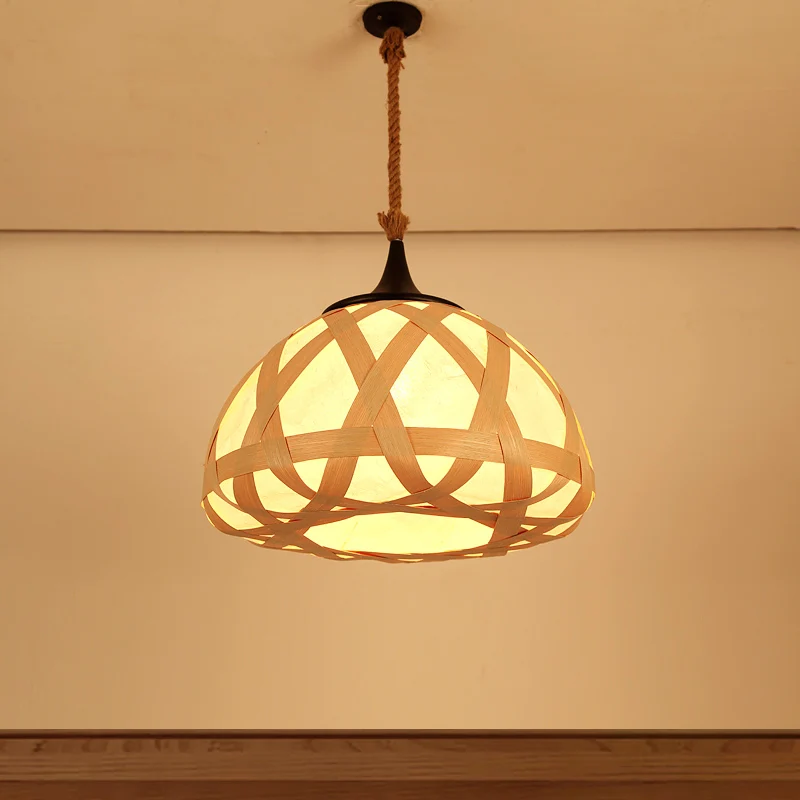 Halfrond hanglamp Japans hout 1-lamps hangend verlichtingsarmatuur beige Clearhalo