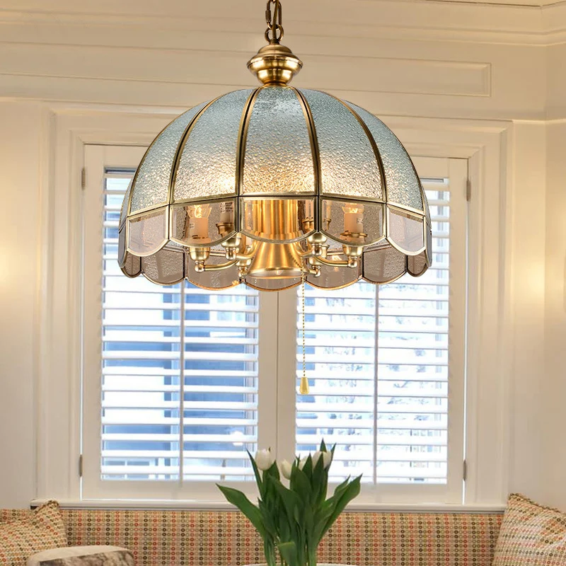 Halfrond studeerkamer kroonluchter verlichting vintage rimpelglas gouden hanglamp met trekketting met geschulpte rand Clea...