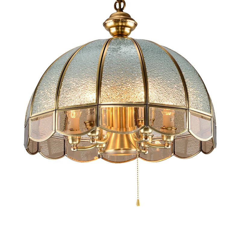 Halfrond studeerkamer kroonluchter verlichting vintage rimpelglas gouden hanglamp met trekketting met geschulpte rand Clea...