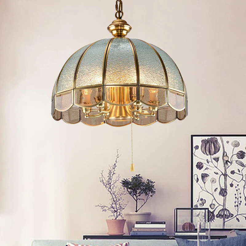 Halfrond studeerkamer kroonluchter verlichting vintage rimpelglas gouden hanglamp met trekketting met geschulpte rand Clea...